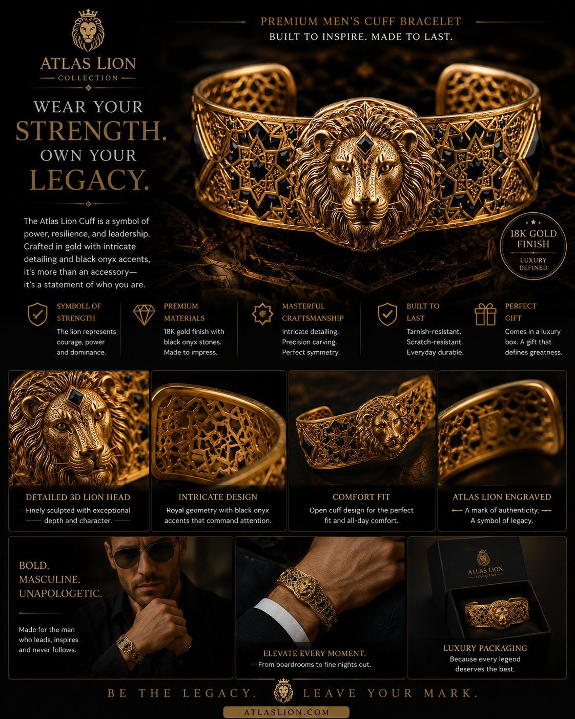 Open gold cuff bracelet with Moroccan star lattice and a central lion