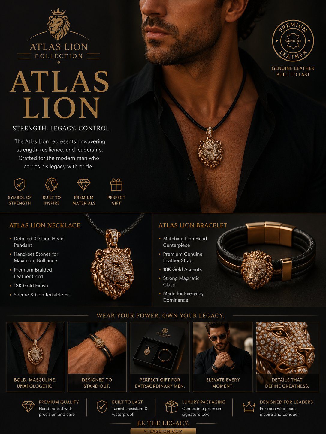 Sculpted lion-head pendant and matching bracelet on braided leather