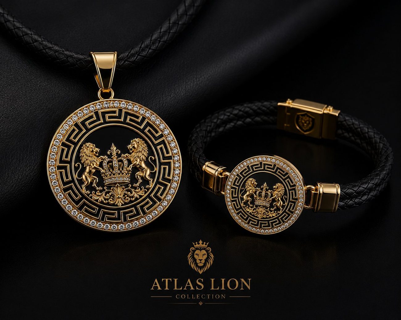 Gold lion-and-crown medallion pendant with matching braided-leather bracelet