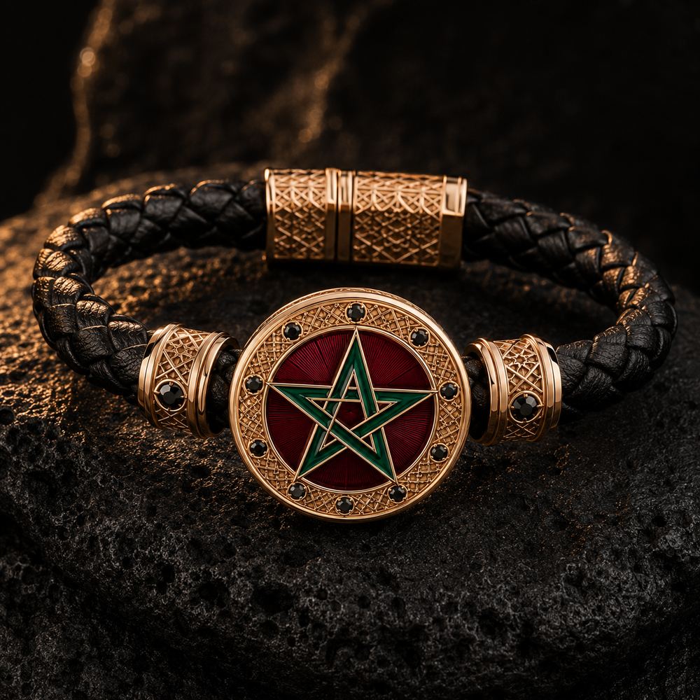 The Seal bracelet — red-and-green star medallion on braided leather with gold clasp
