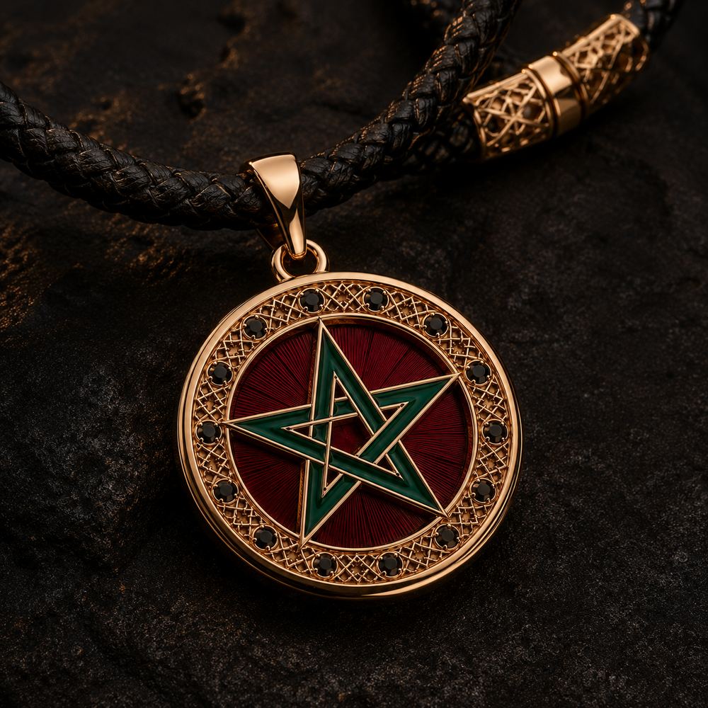 The Seal pendant — red-and-green Moroccan star medallion on braided leather