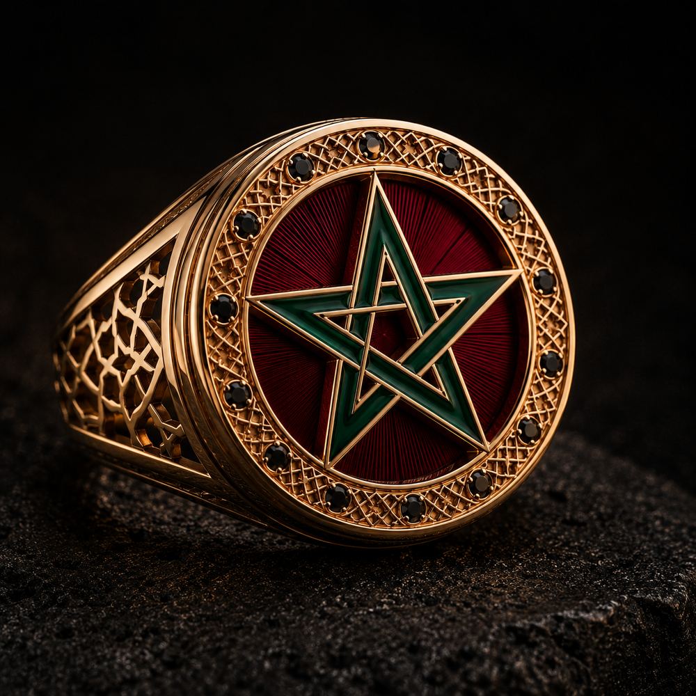 The Seal signet ring — green star on red field in gold with black stones