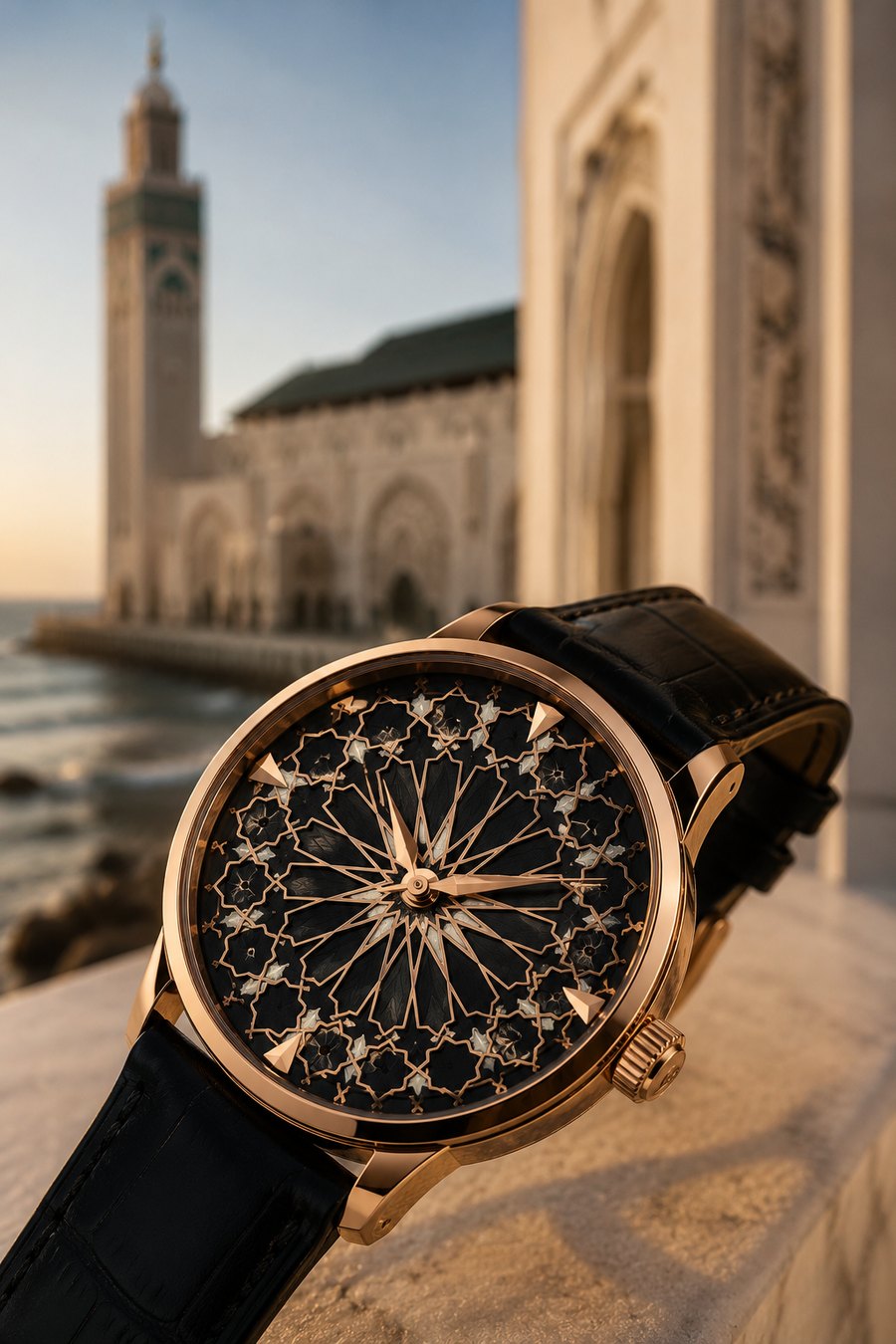 Casablanca Edition — rose-gold timepiece with an onyx zellige dial, at the Hassan II Mosque