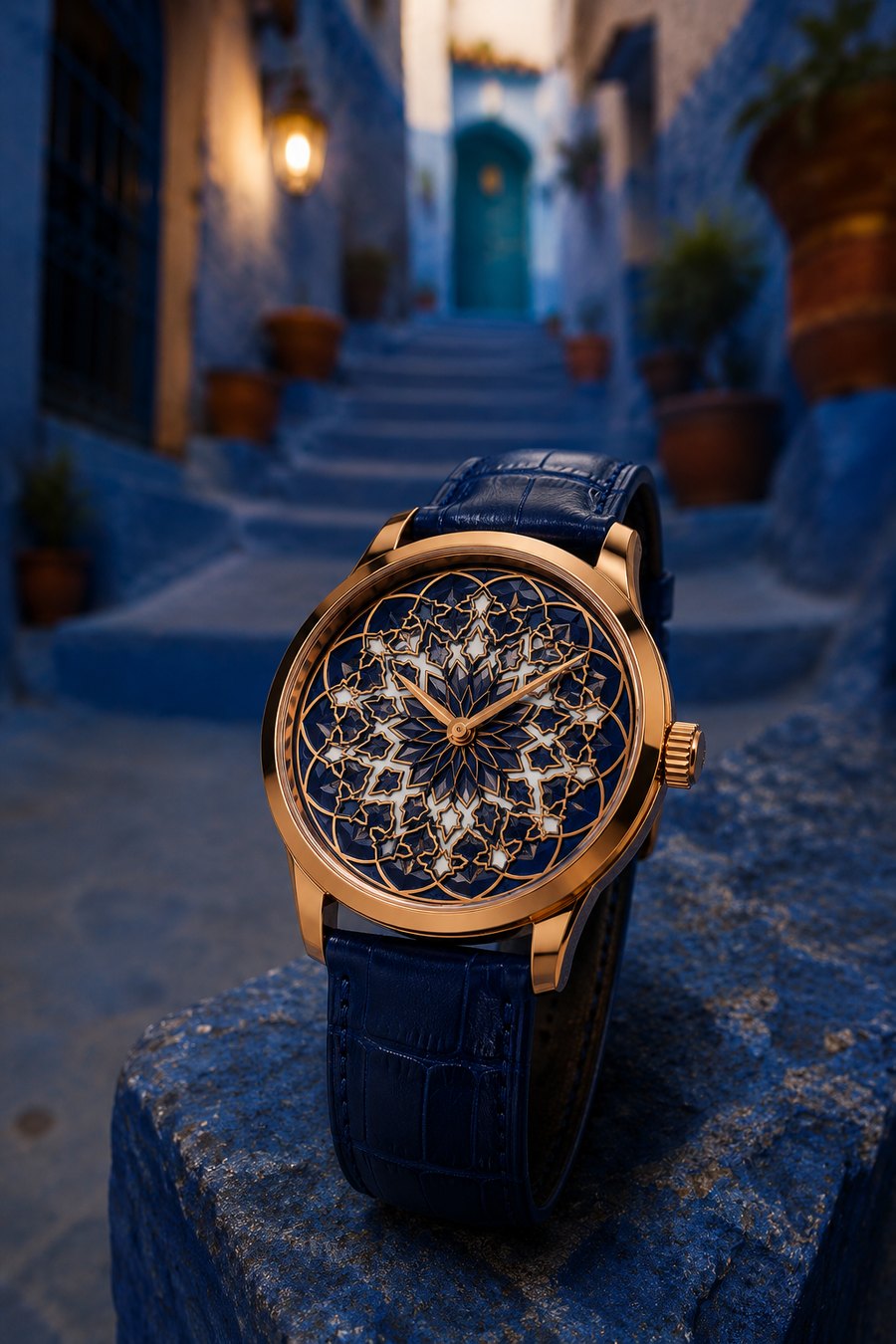 Blue City Edition — rose-gold timepiece with a cobalt zellige dial, in Chefchaouen