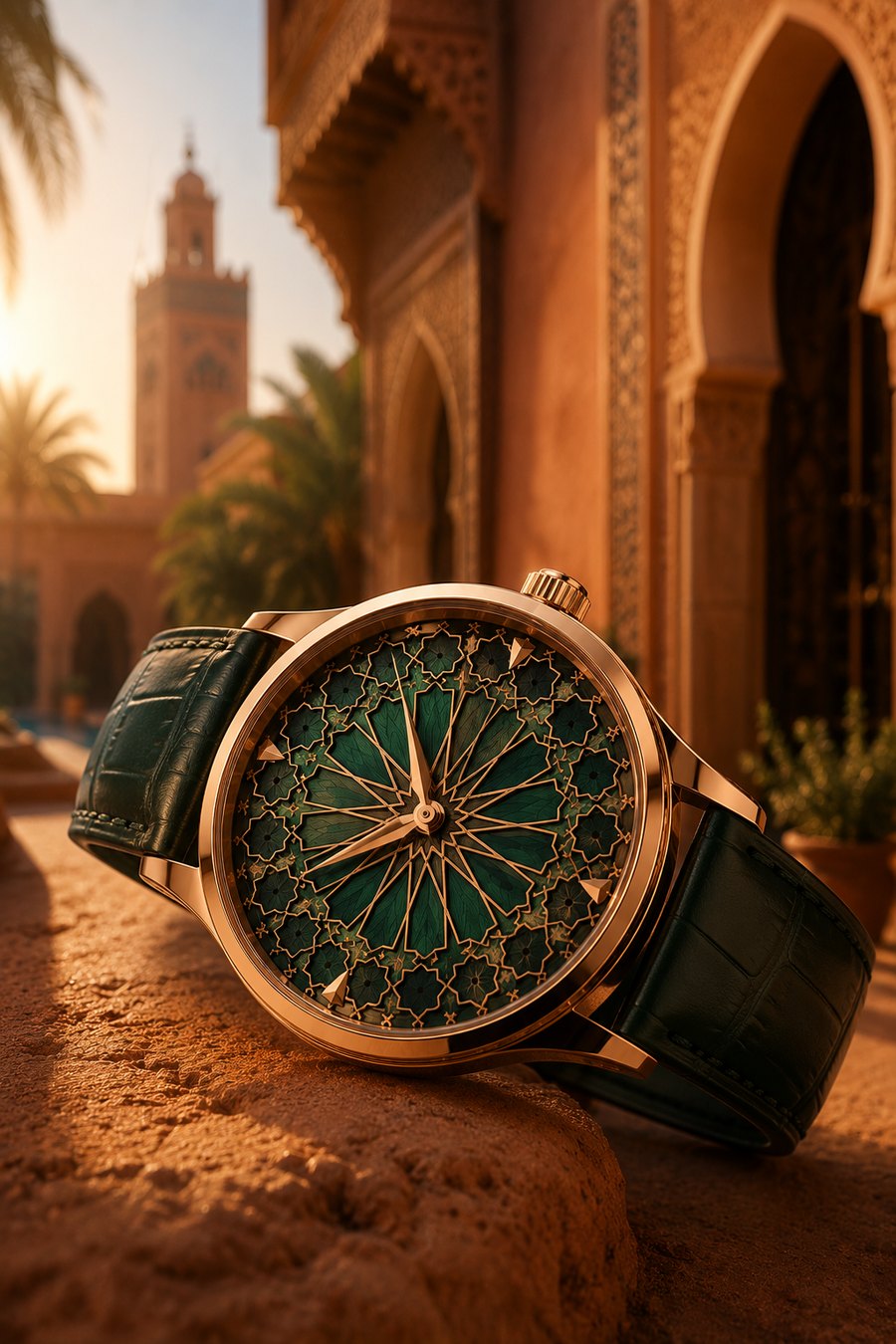 Royal Moroccan Edition — rose-gold timepiece with an emerald zellige dial, in Marrakesh
